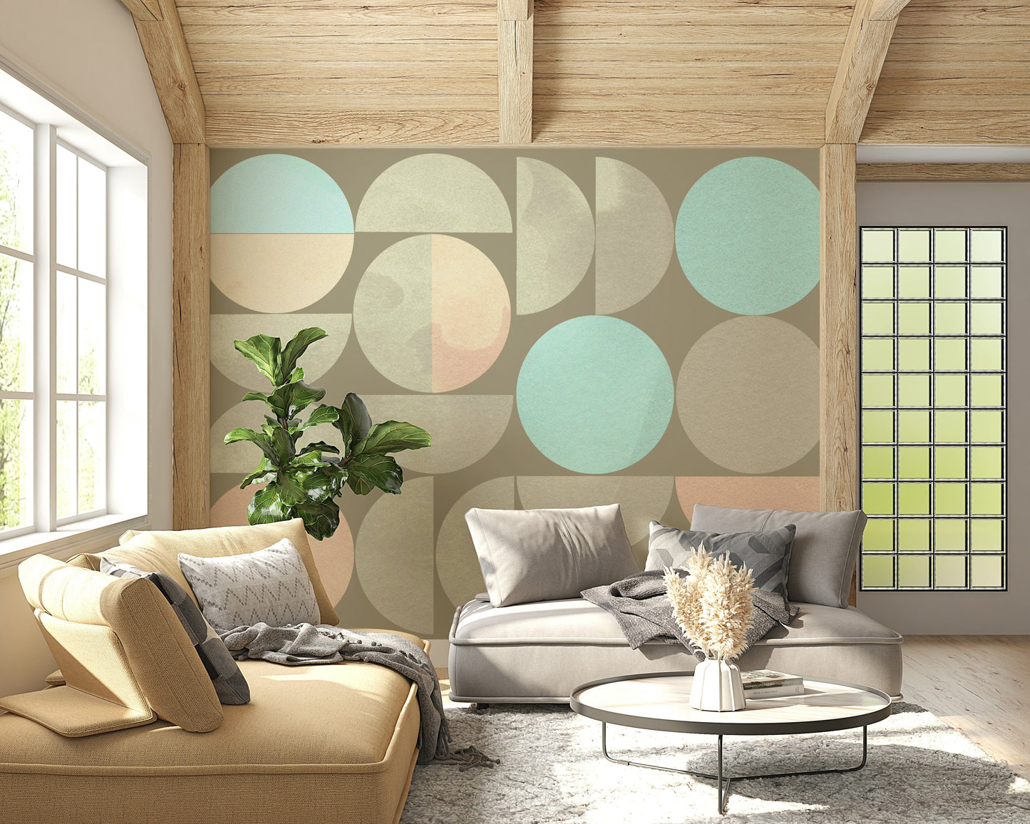 Soft Circle Symphony wall mural geometric pattern abstract colored shapes.