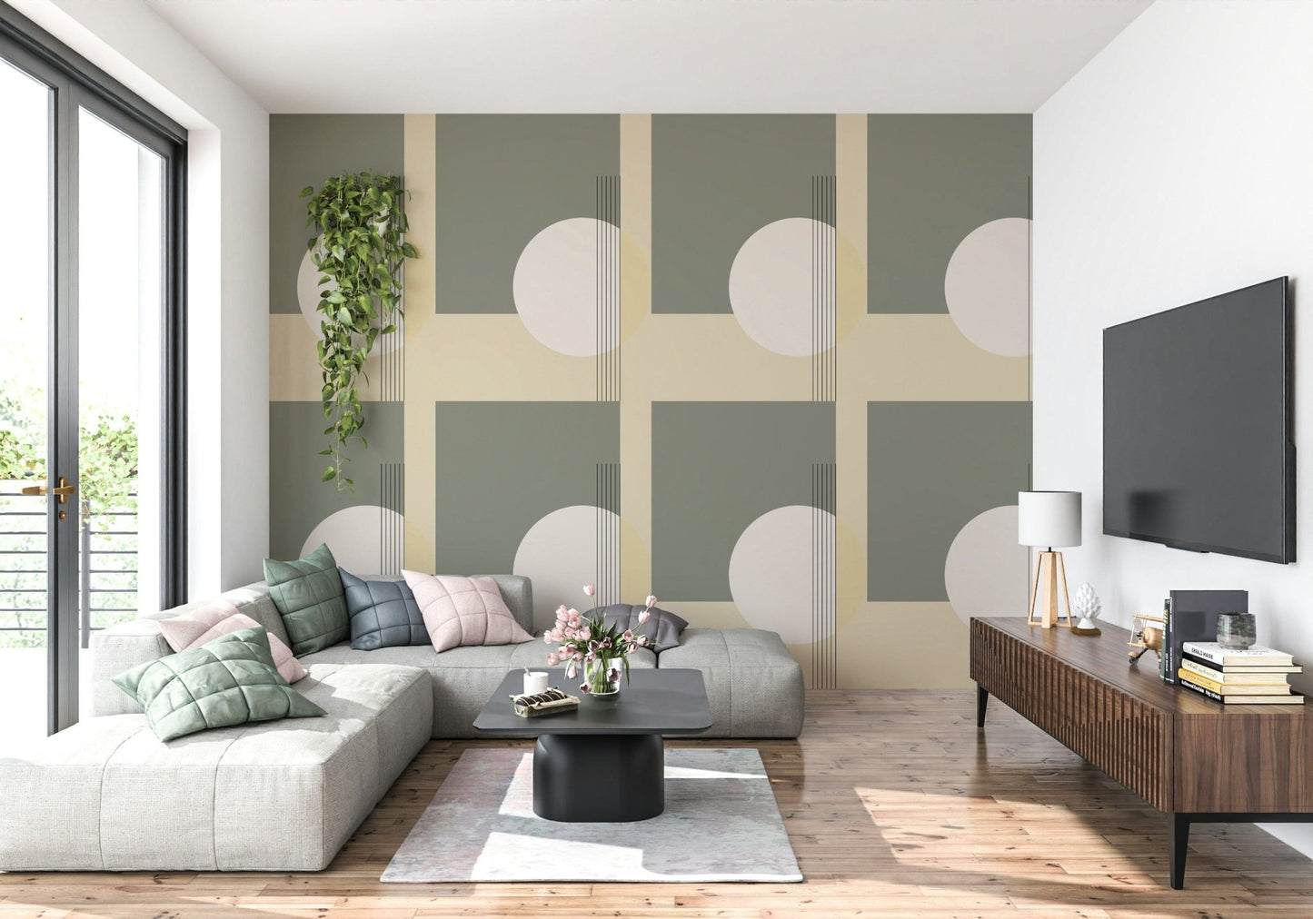 Soft geometric patterns with subtle contrast creating a serene minimalist wall design.
