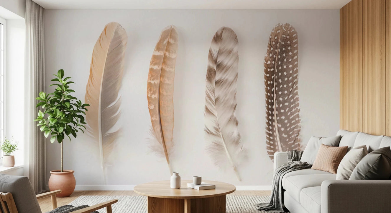 Soft Feather Array living room Wall Mural featuring four natural bird feathers.