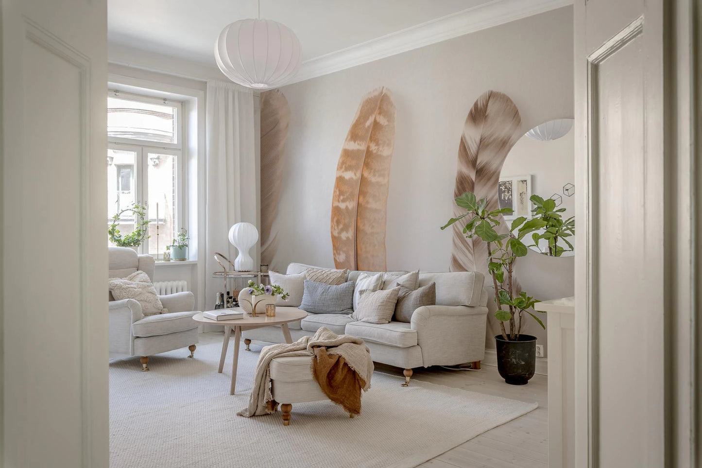Artistic print of tan and grey feathers for  living room minimalist wall decor.