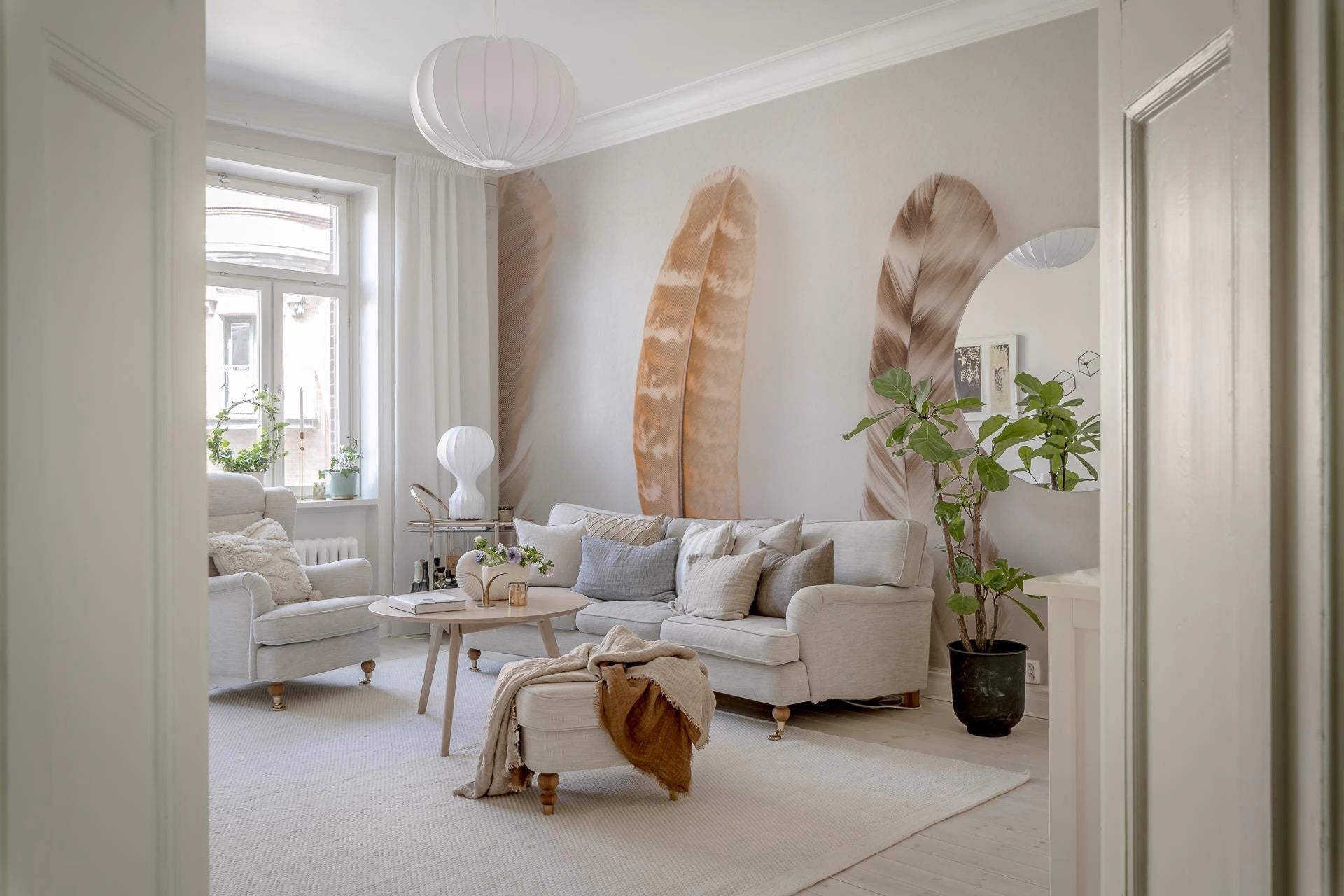Artistic print of tan and grey feathers for  living room minimalist wall decor.
