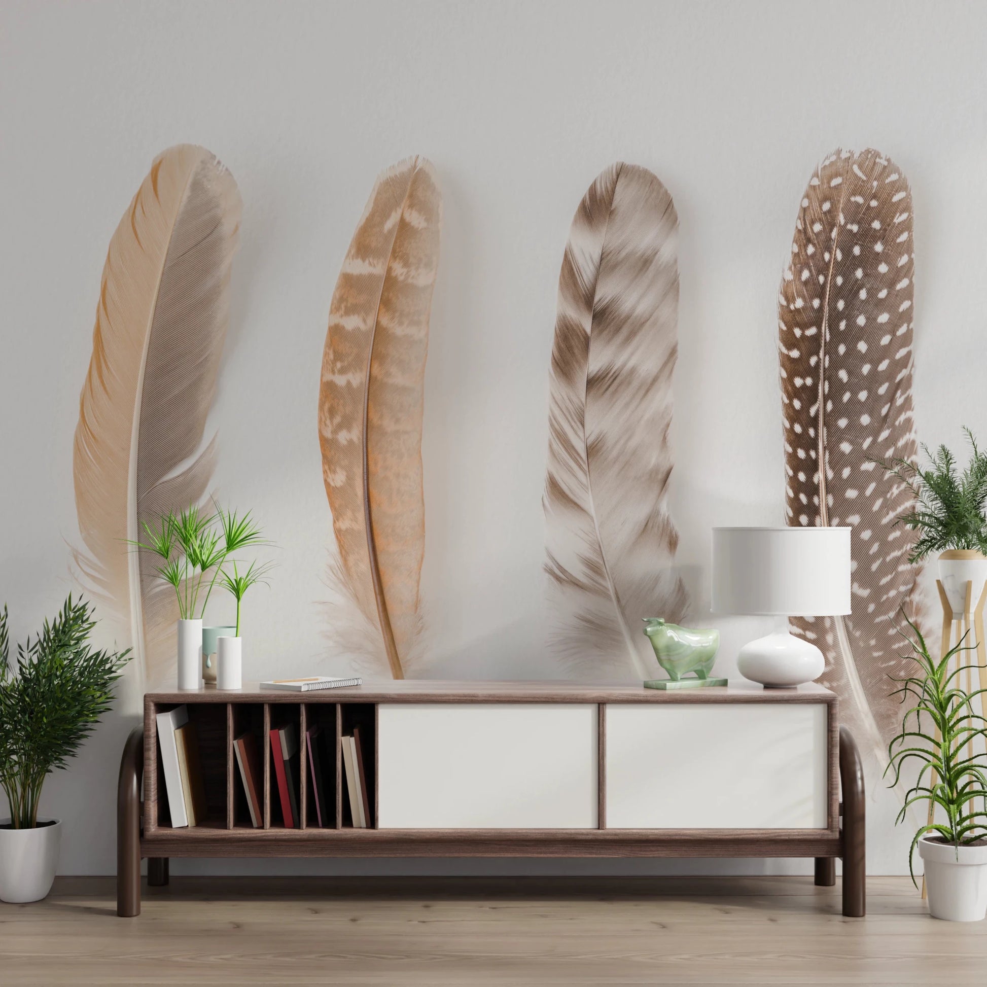 Neutral toned feathers on a white background in a hallway detailed wall mural.