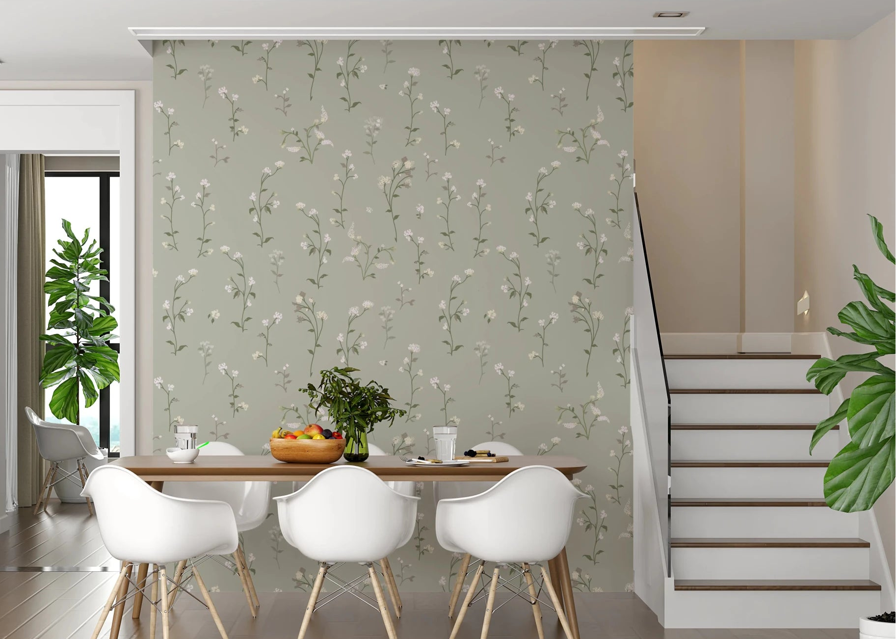 Dining room with Soft Floral Meadow cottagecore white flowers wallpaper.