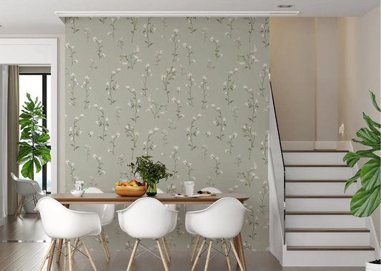 Dining room with Soft Floral Meadow cottagecore white flowers wallpaper.