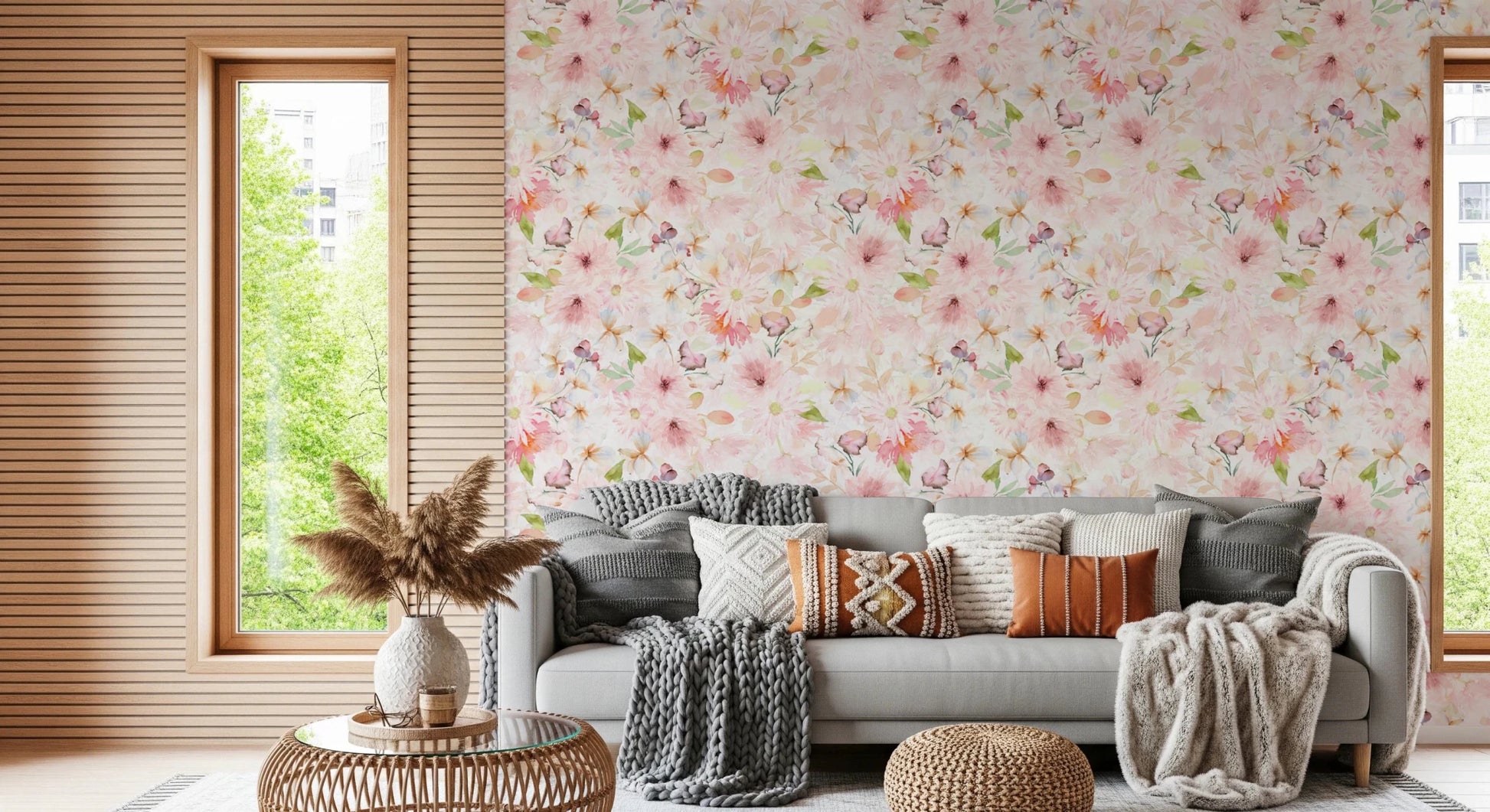 Soft Floral Pink Meadow Wallpaper⁠