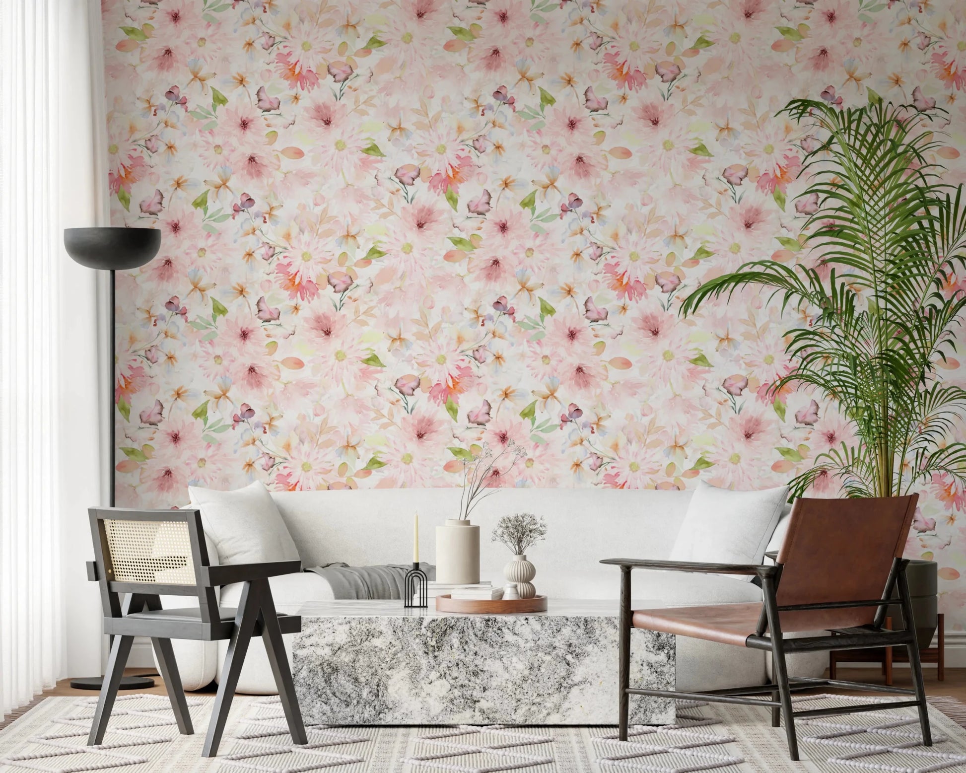 Soft Floral Pink Meadow Wallpaper⁠