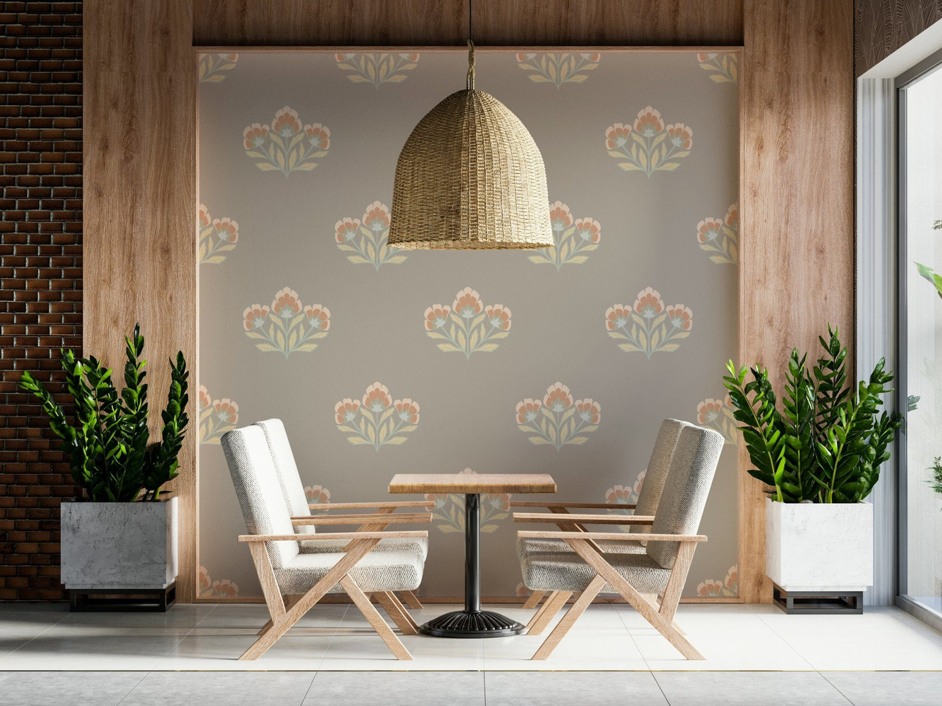 Serene Flora pattern mural, delicate pastel flower motif.
