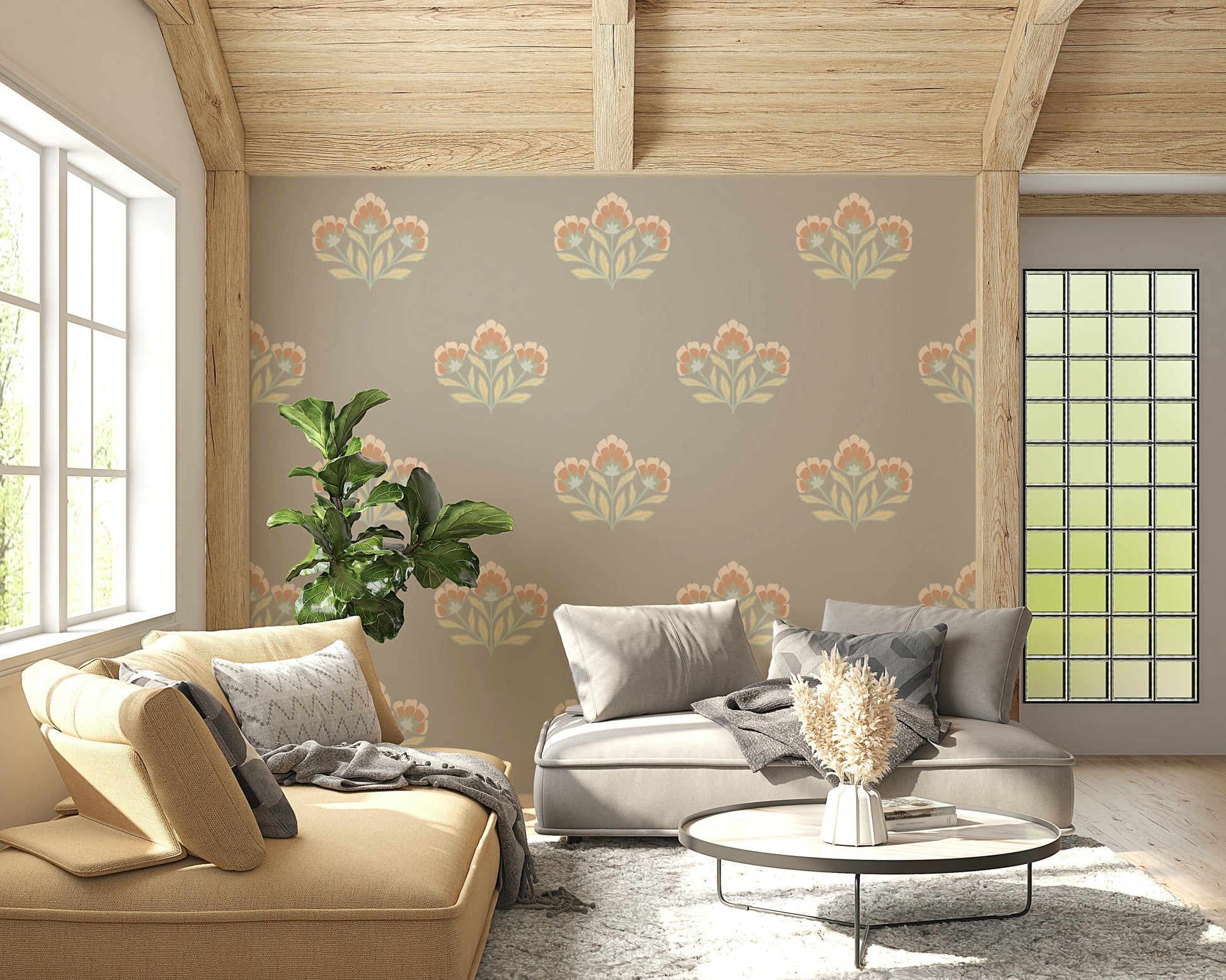 Stylized Serene Flora wallpaper, traditional Indian block print.