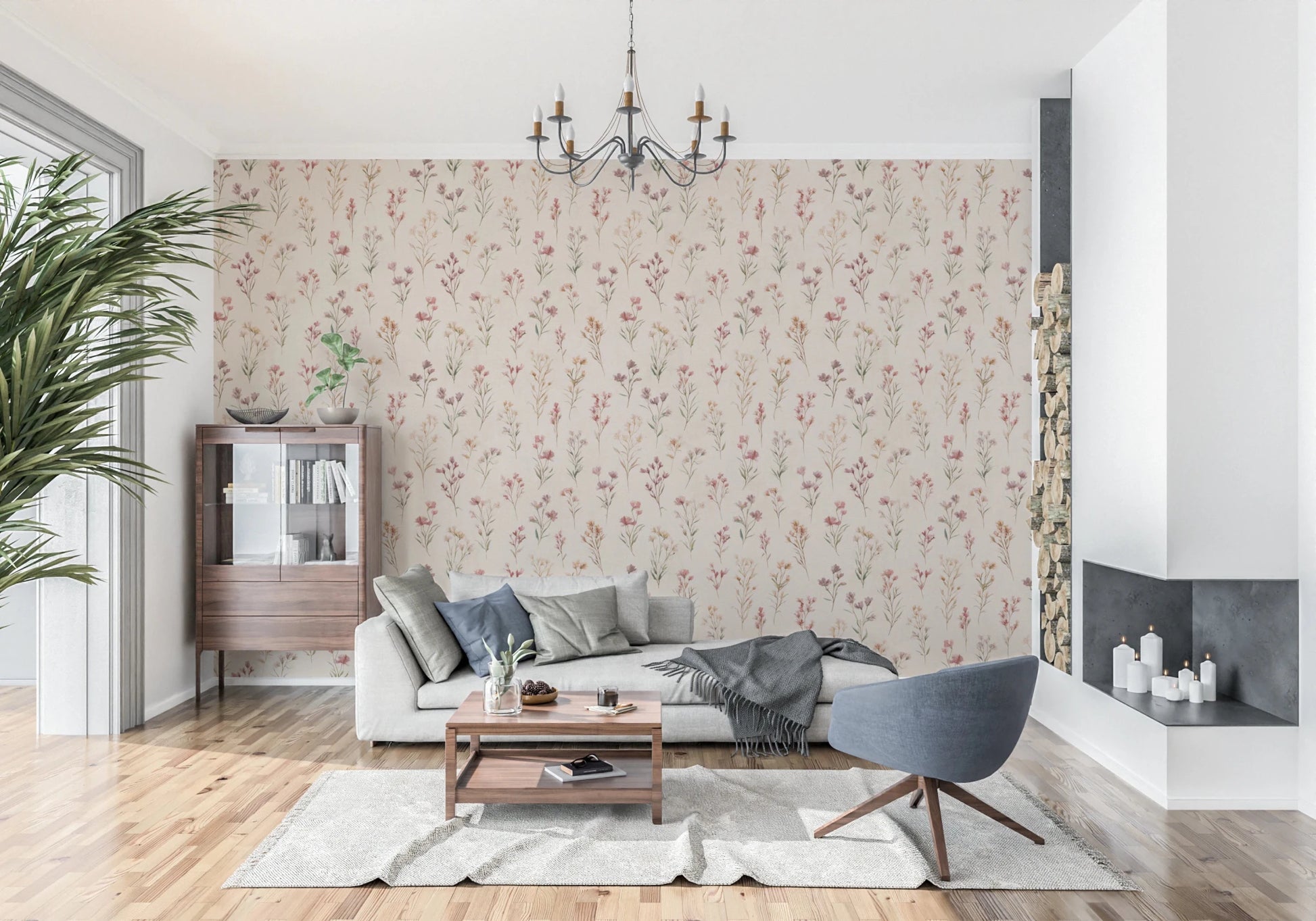 Soft Floral Whispers wallpaper of wildflowers behind a grey sofa and blue swivel chair under a chandelier