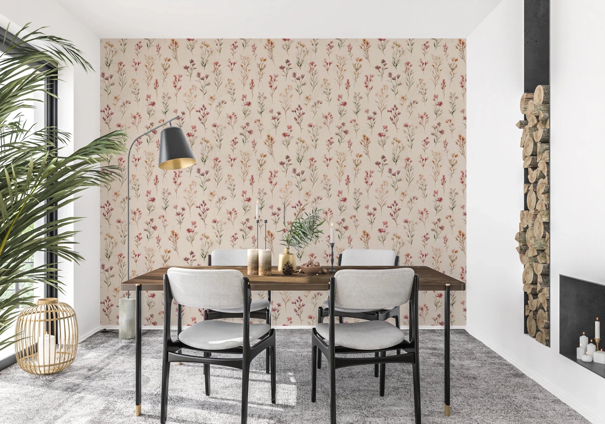 Soft Floral Whispers wallpaper of a pink floral pattern in a dining room with a wood table and grey chairs