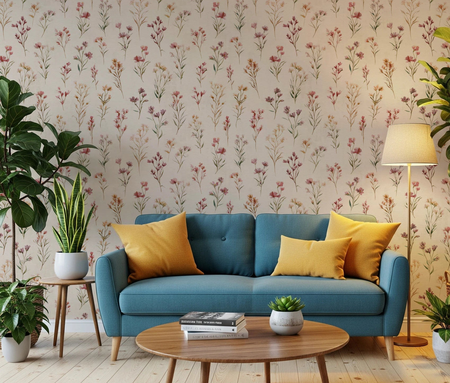 Soft Floral Whispers wallpaper of delicate pink wildflowers on cream behind a teal sofa with yellow cushions
