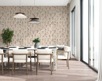 Soft Floral Whispers wallpaper of pink wildflowers in a dining room with a marble table and cream chairs
