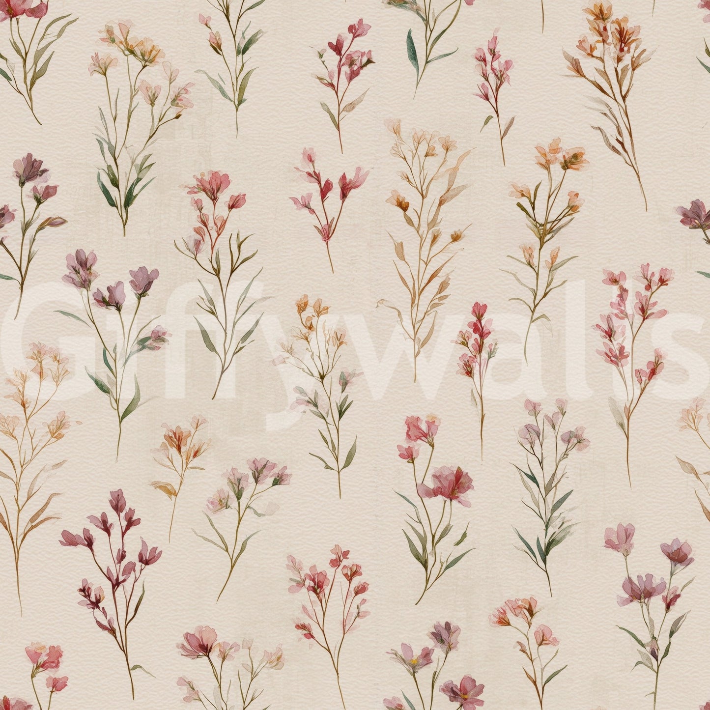 Soft Floral Whispers wallpaper close-up showing the watercolor pink and mauve wildflower pattern on cream