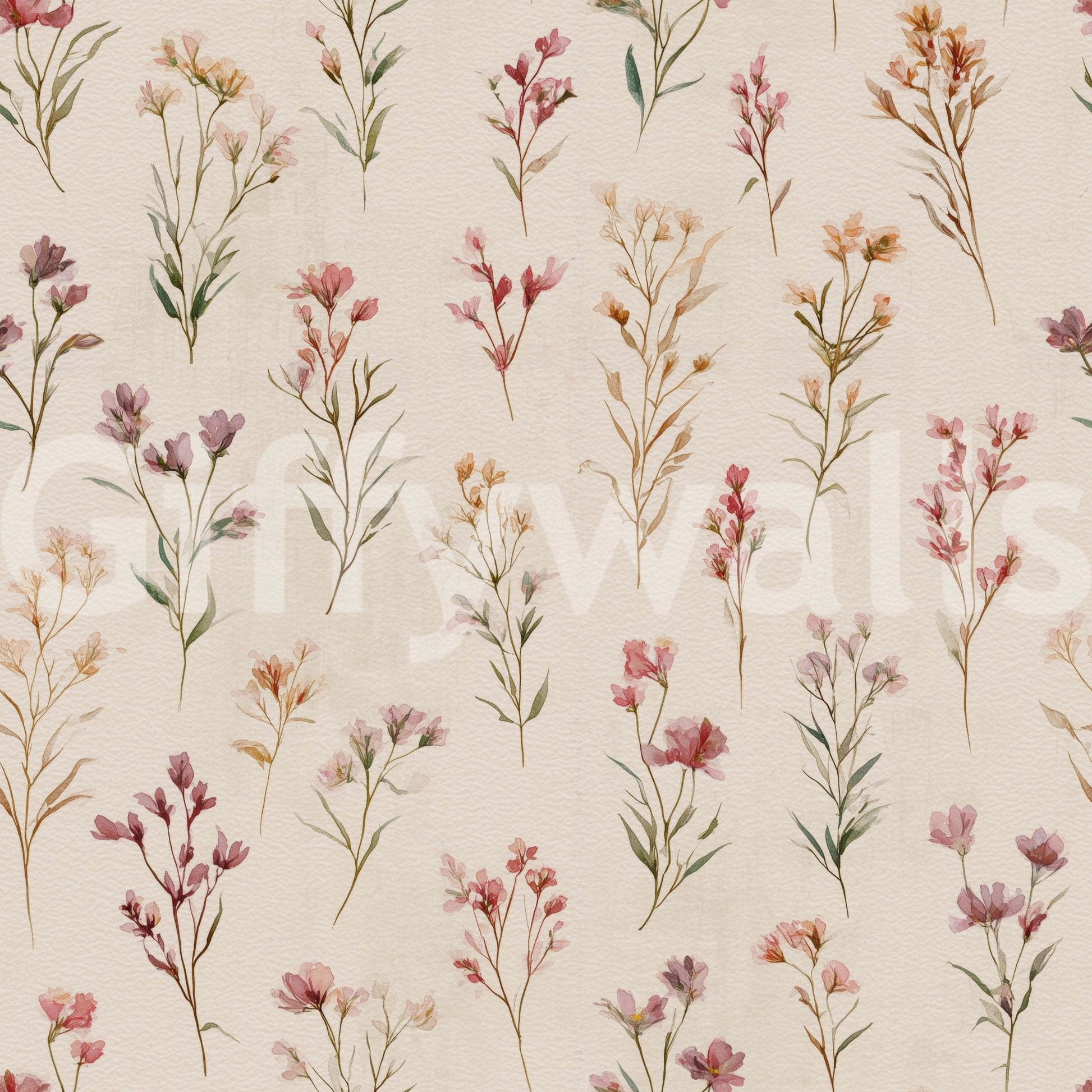 Soft Floral Whispers wallpaper close-up showing the watercolor pink and mauve wildflower pattern on cream