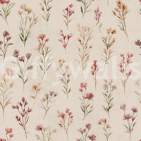Soft Floral Whispers wallpaper close-up showing the watercolor pink and mauve wildflower pattern on cream