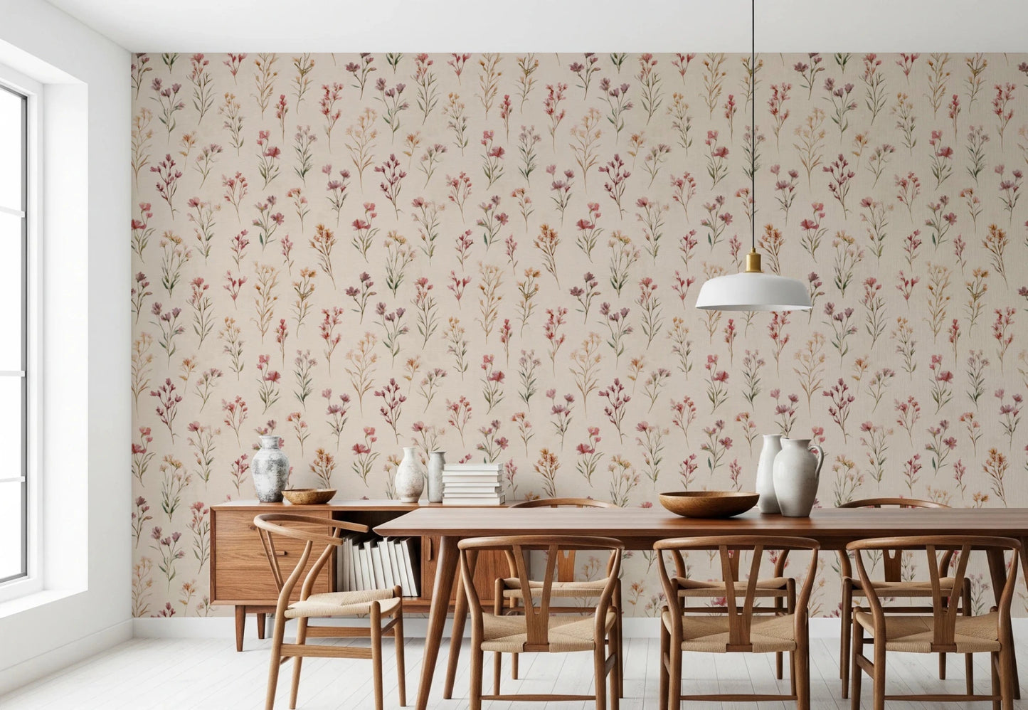 Soft Floral Whispers wallpaper of wildflowers in a dining room with a wood table and woven wishbone chairs