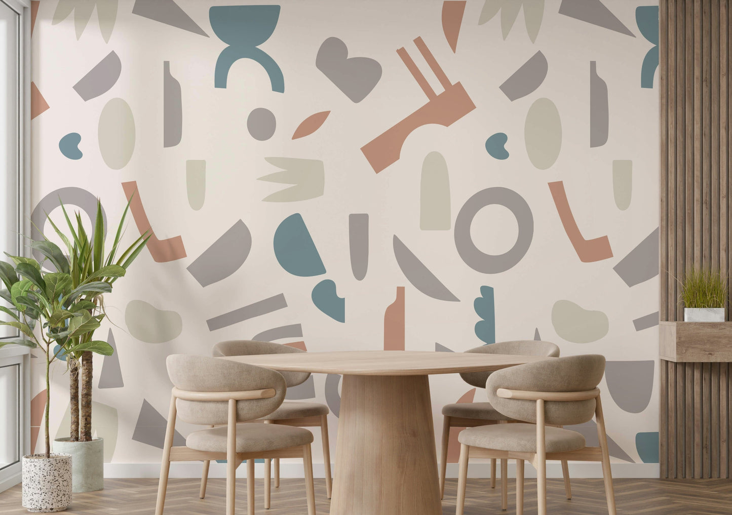 A peaceful wall mural with a modern, geometric design.