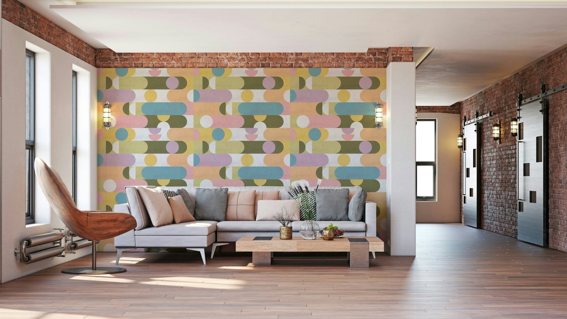 Contemporary kids room with pastel wallpaper

