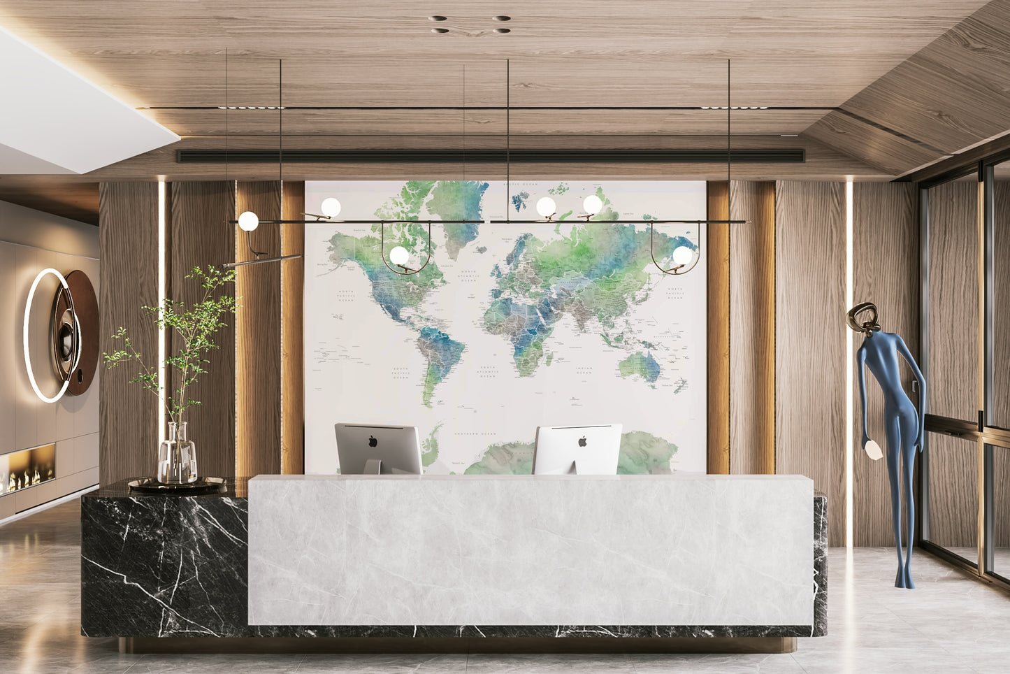 Peel and stick watercolor map in light green tones

