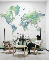 Soft green watercolor world map wallpaper for walls

