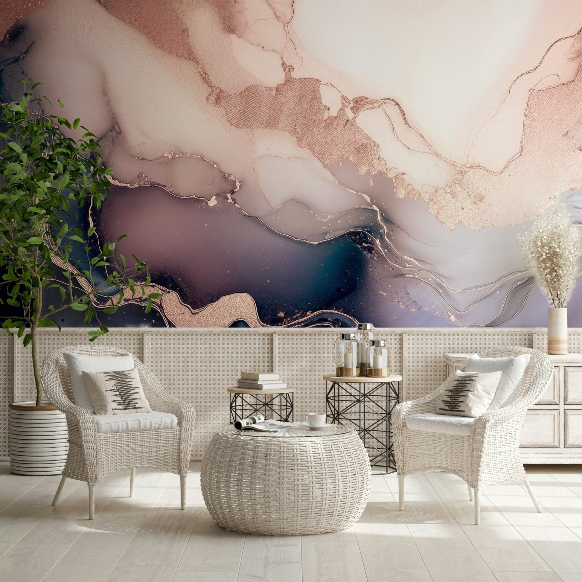Soft Mineral Hues design mural showcasing marble-like layers in gentle purple and gray shades.