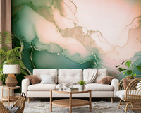Abstract mineral-inspired mural with soft sage greens and rosy undertones for a serene atmosphere.