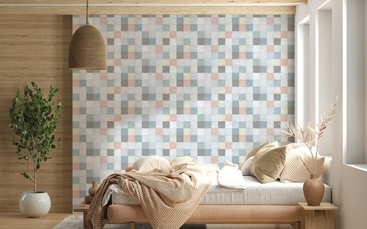 Soft Mosaic Tiles Blue Mist wallpaper behind a wood daybed with a striped peach throw and rattan light