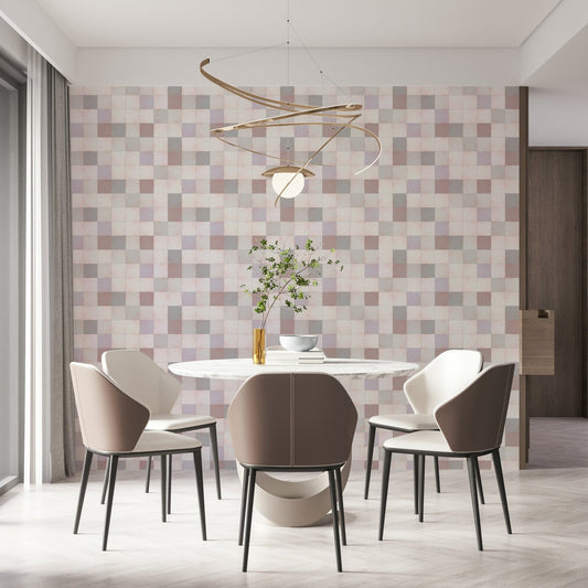 Soft Mosaic Tiles Blush Beige-GreyBlue wallpaper in a dining room with a marble table and gold swirl light