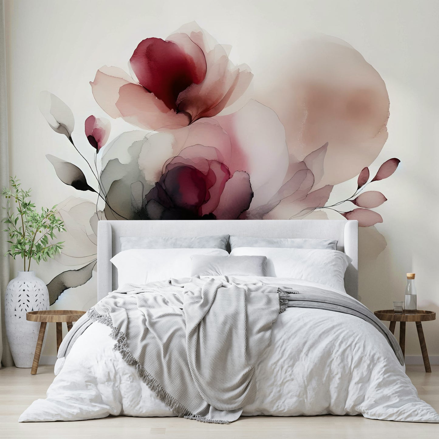 Minimalist garden themed wallpaper for a bright and airy guest room.