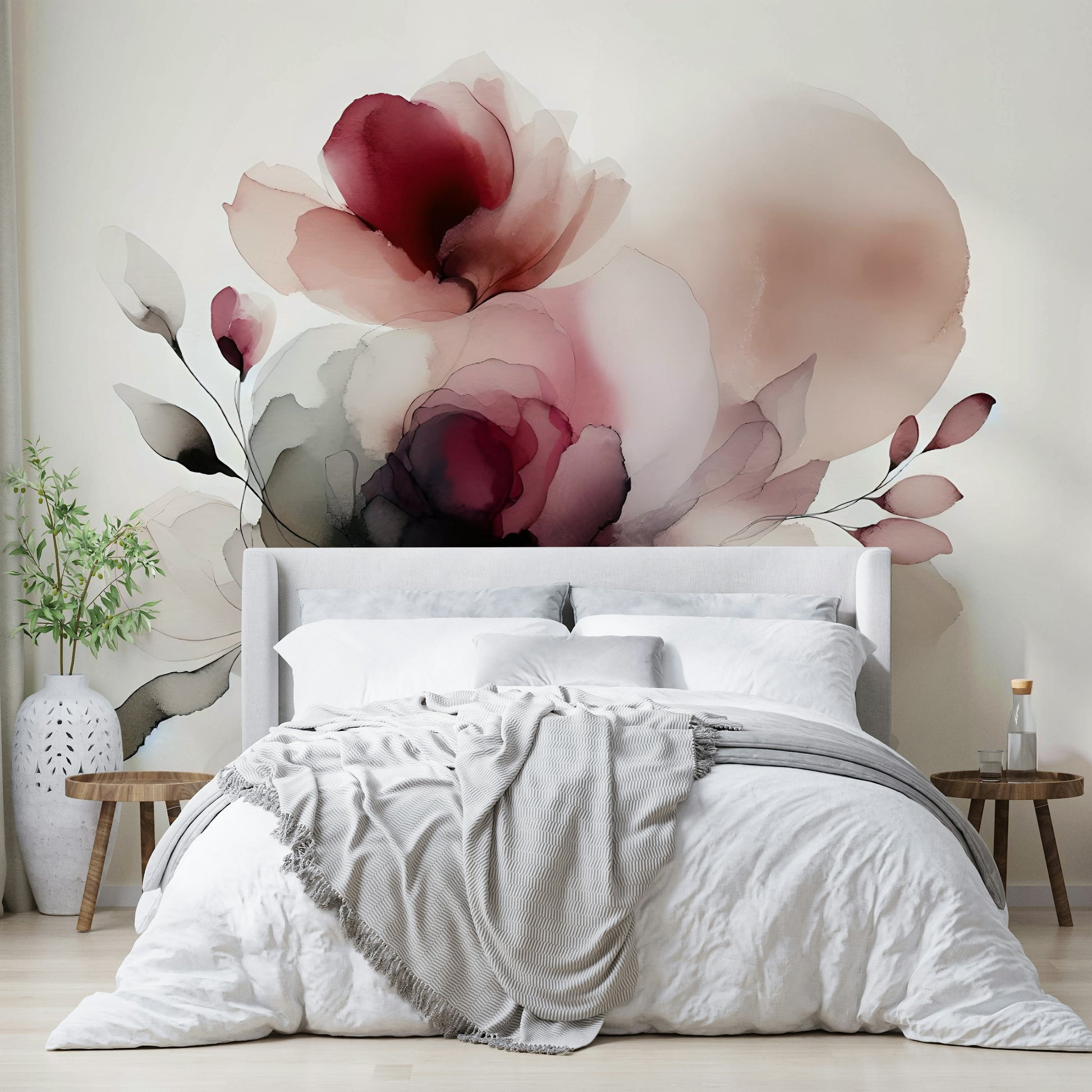 Minimalist garden themed wallpaper for a bright and airy guest room.