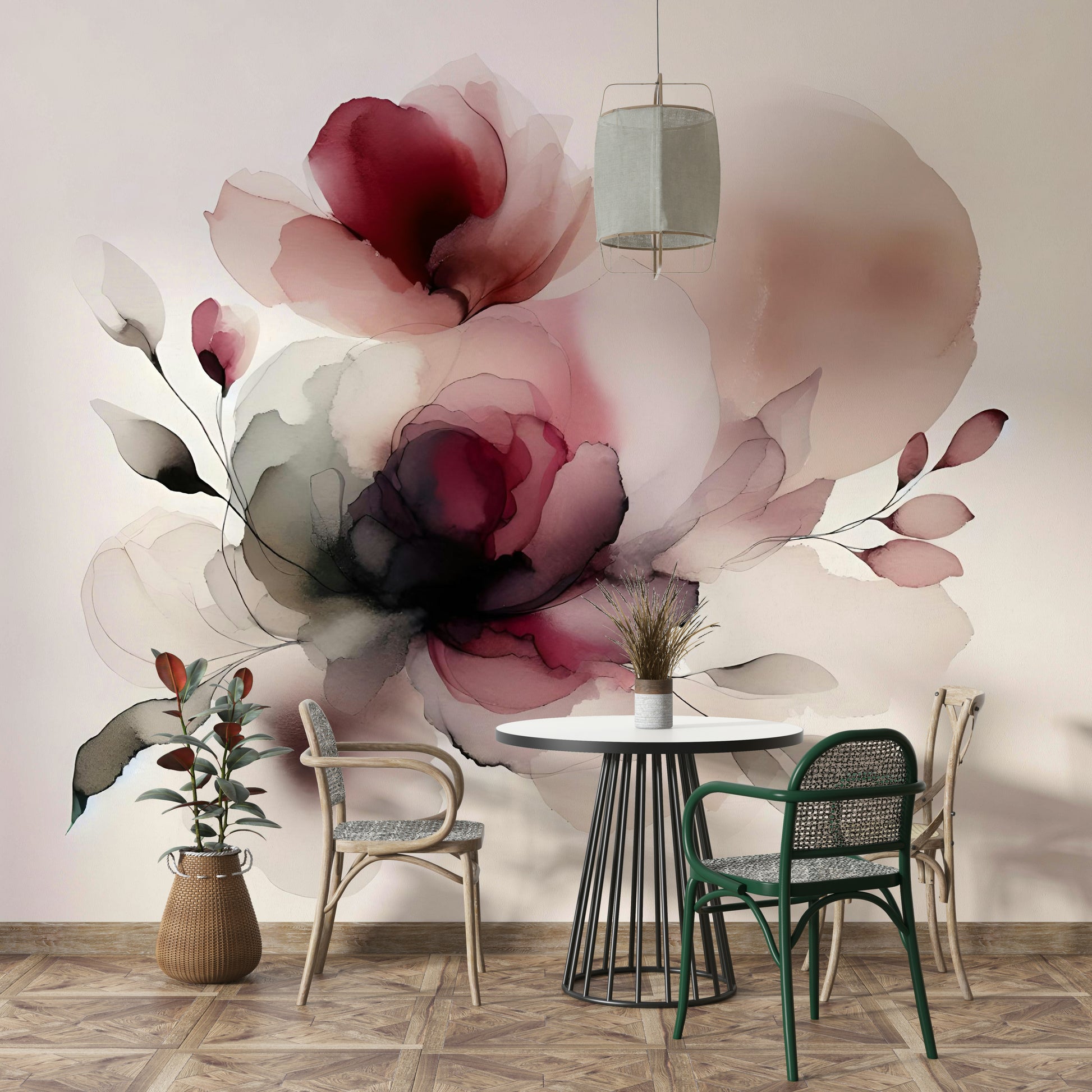 Subtle petal pattern wallpaper for a quiet yoga studio or meditation room.