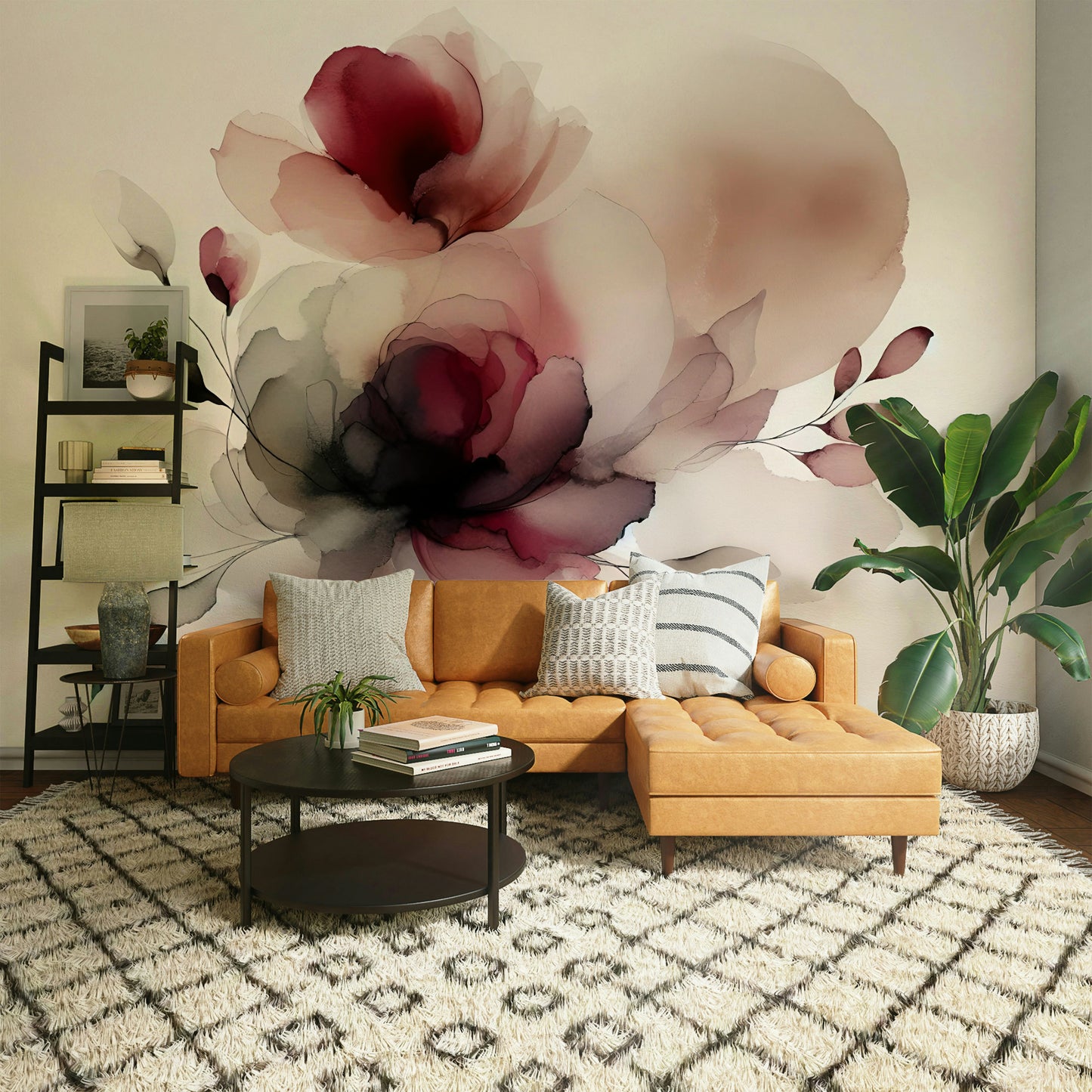 Delicate pink floral wallpaper for a minimalist nursery or girls' bedroom.