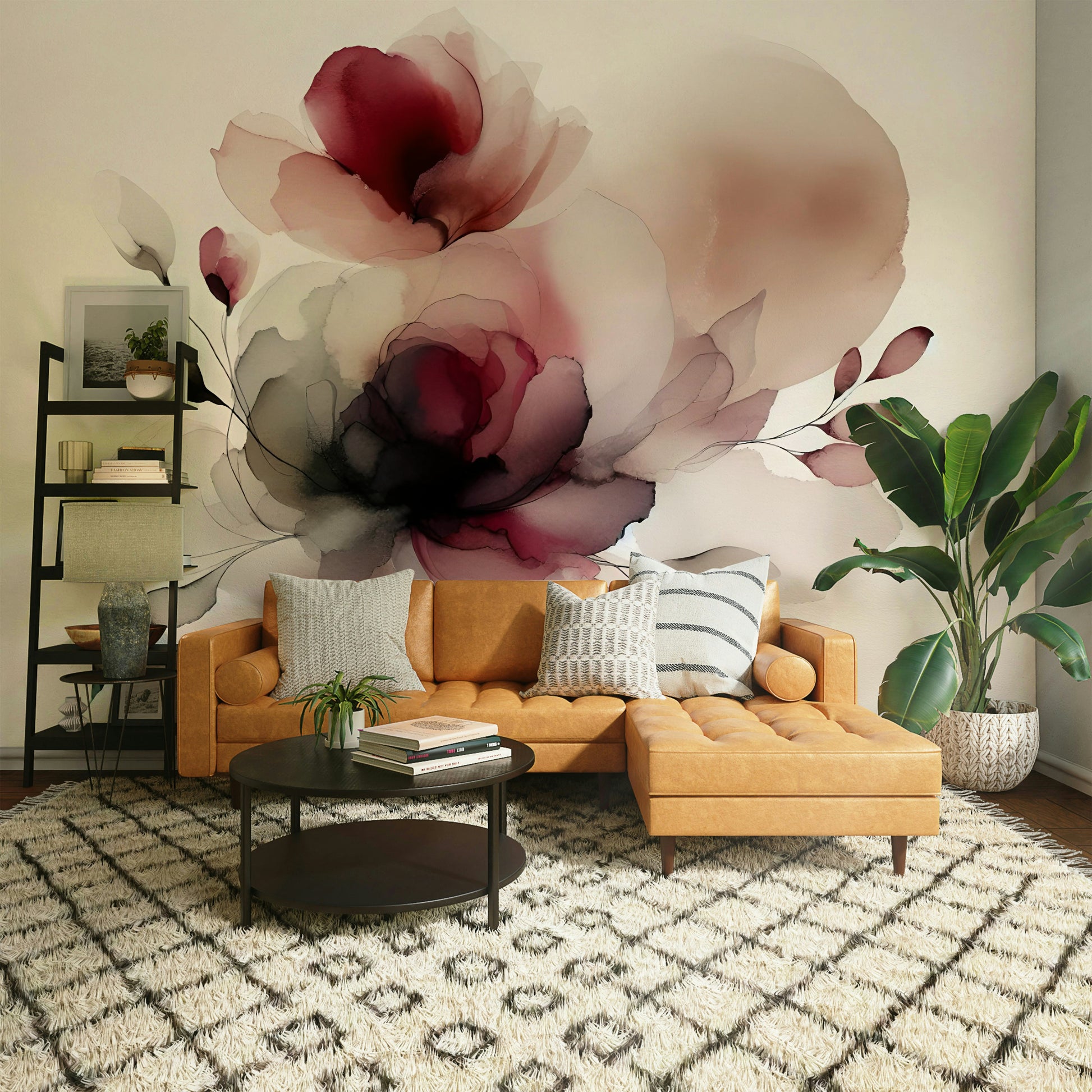 Delicate pink floral wallpaper for a minimalist nursery or girls' bedroom.