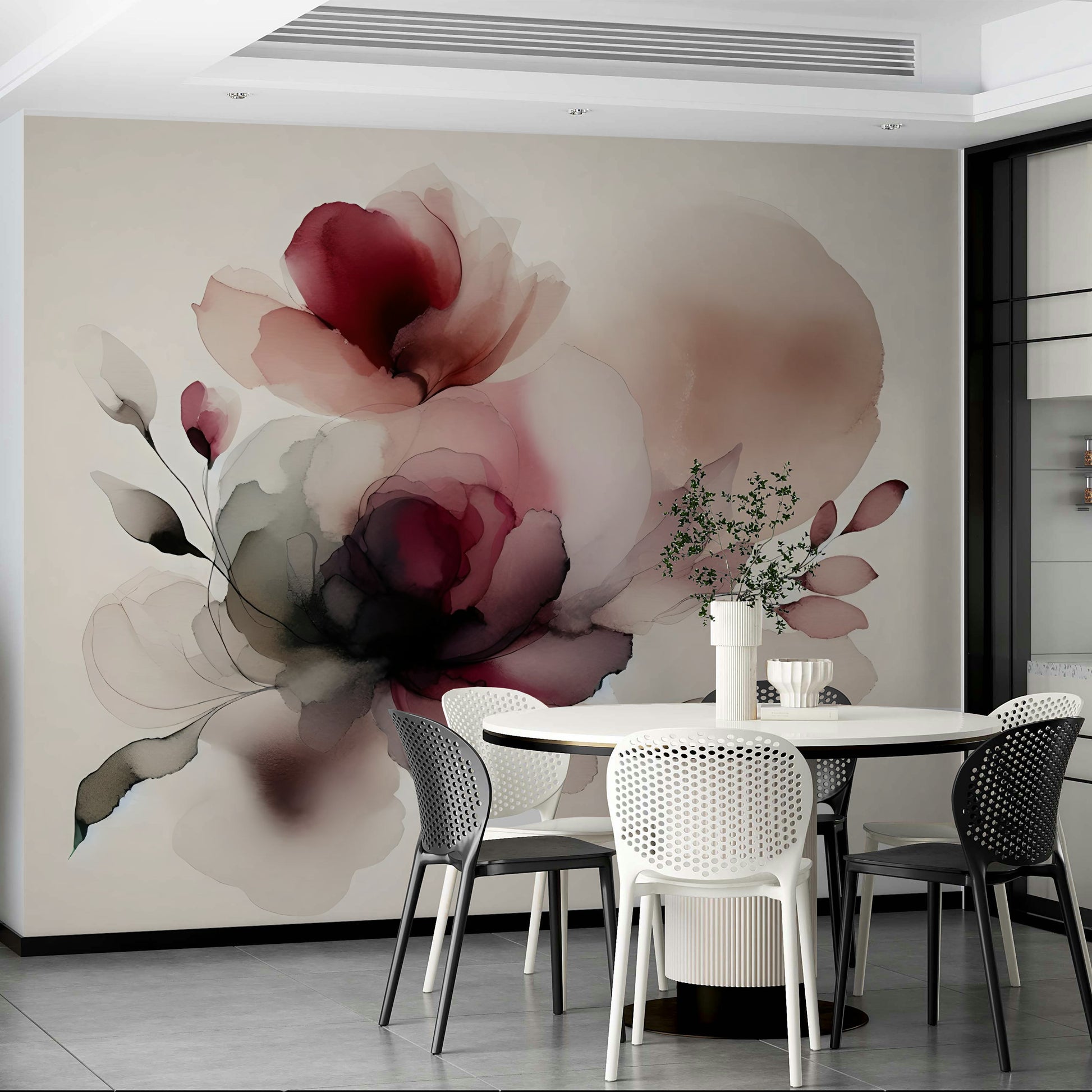 Close up of soft watercolor textures and floral layers on smooth wallpaper.
