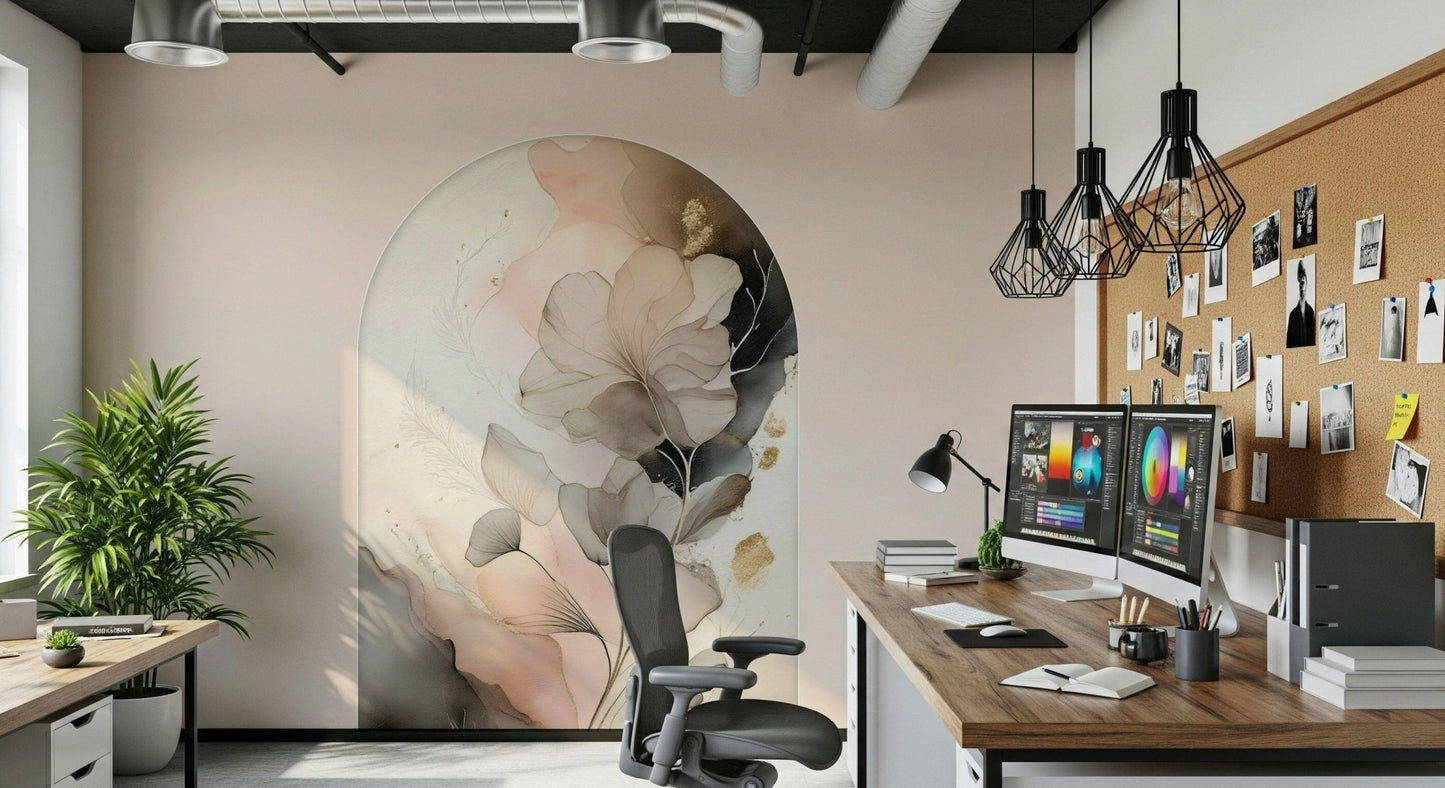 Elegant floral wall mural with soft petals blending into a serene, airy background.
