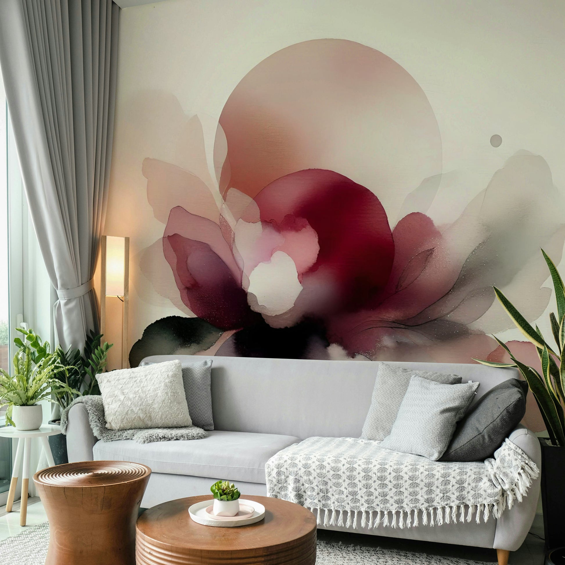 Soft Petal Whispers Wall Mural behind a beige lounge chair in a contemporary space.