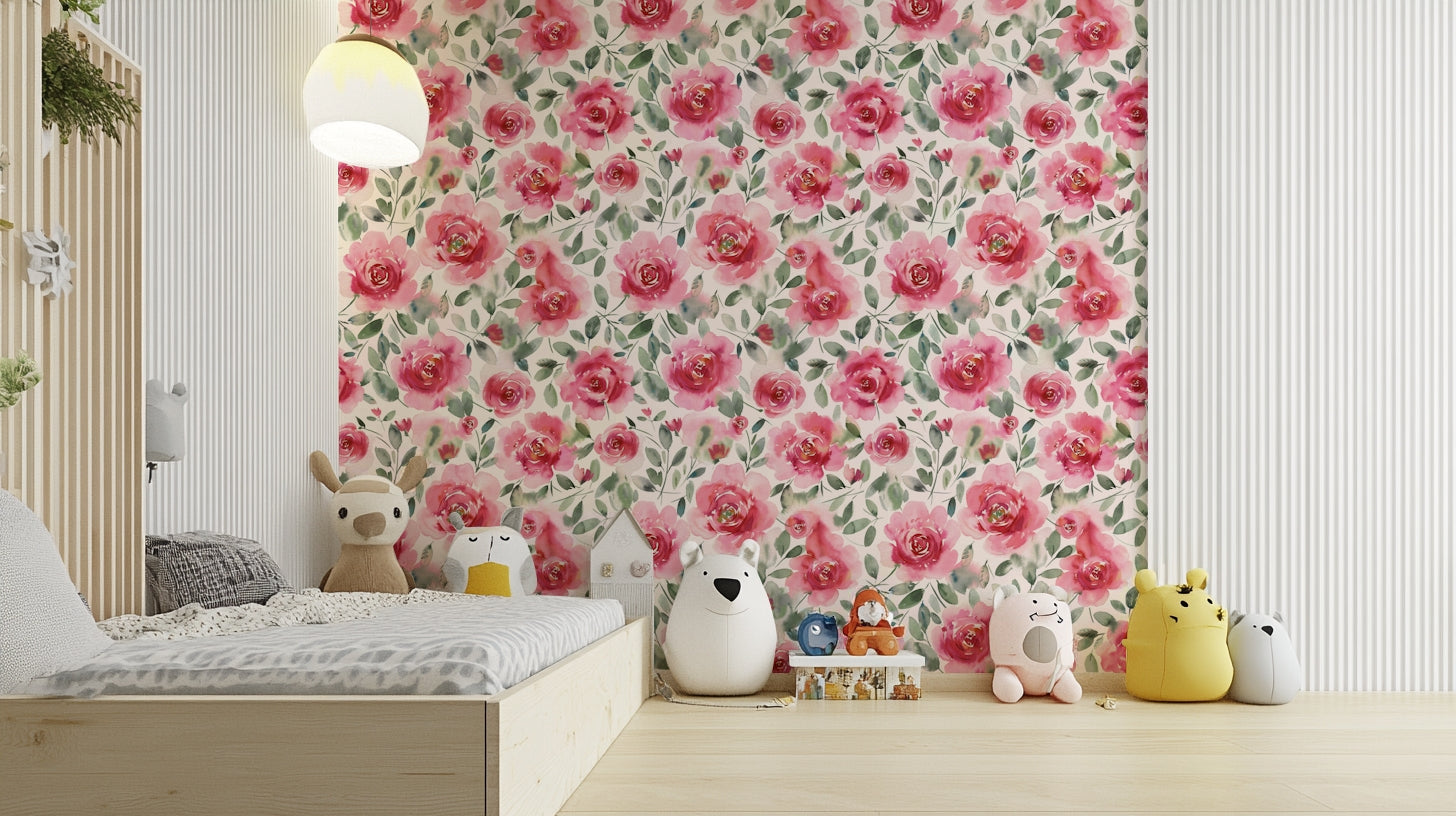 Hand-painted roses in deep red with light leafy detail.

