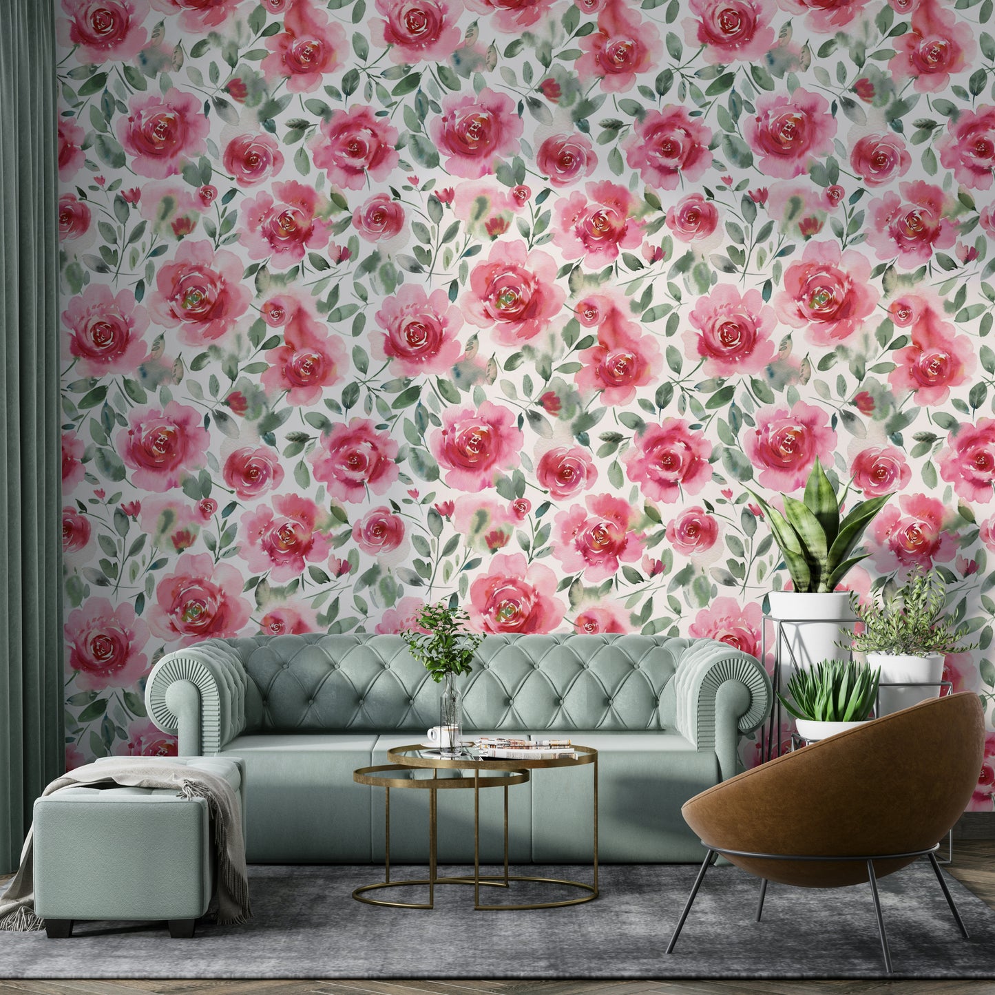 Elegant red rose design with soft green watercolor leaves.

