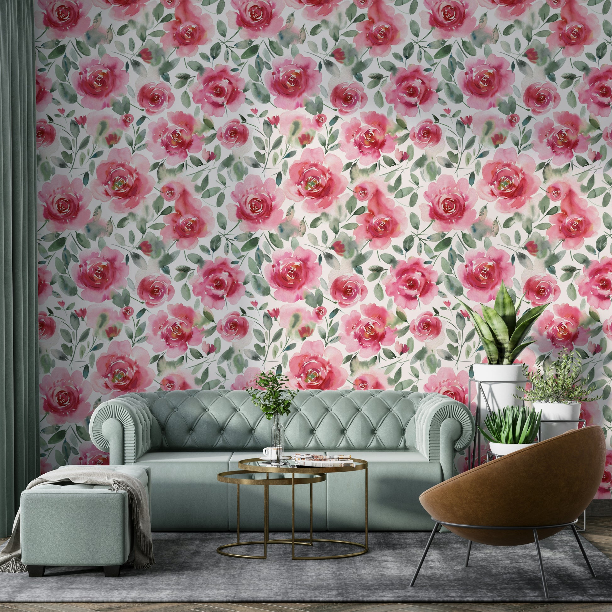 Elegant red rose design with soft green watercolor leaves.

