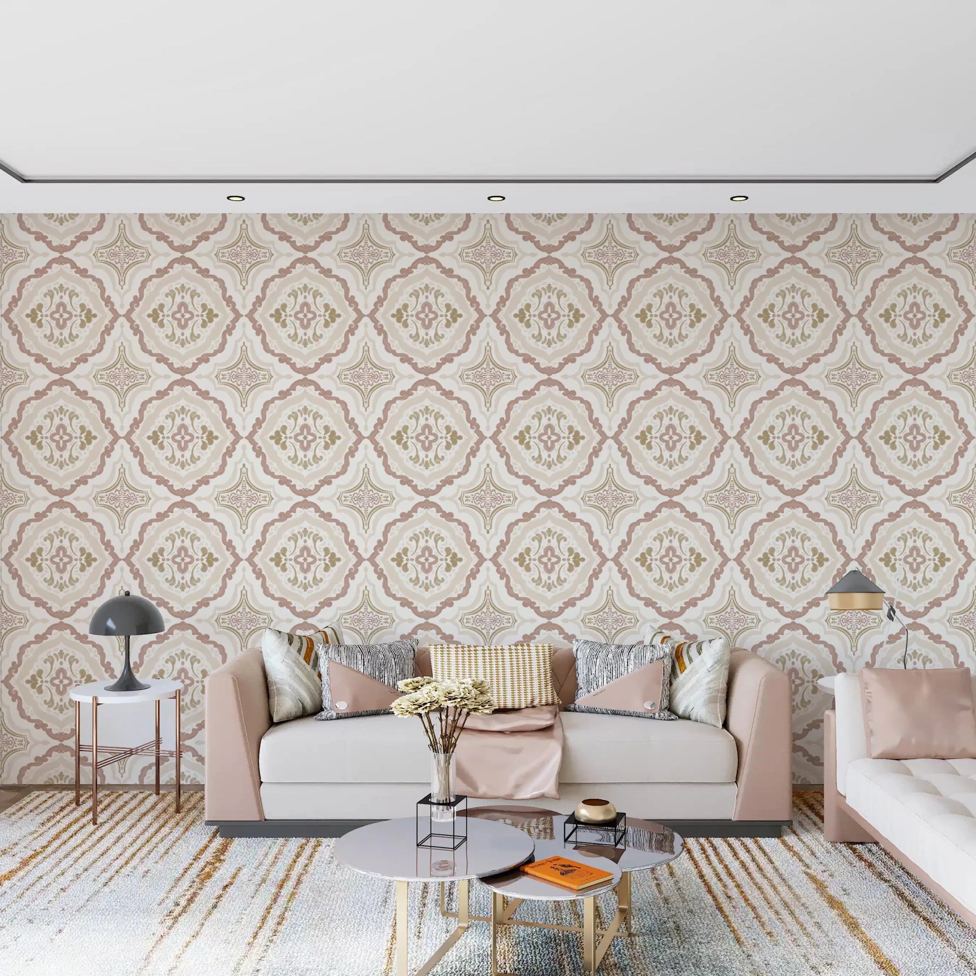 Artistic soft sienna Mediterranean tile wallpaper for a feature wall.