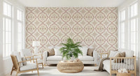 Elegant soft sienna Mediterranean tile wallpaper in a hallway.