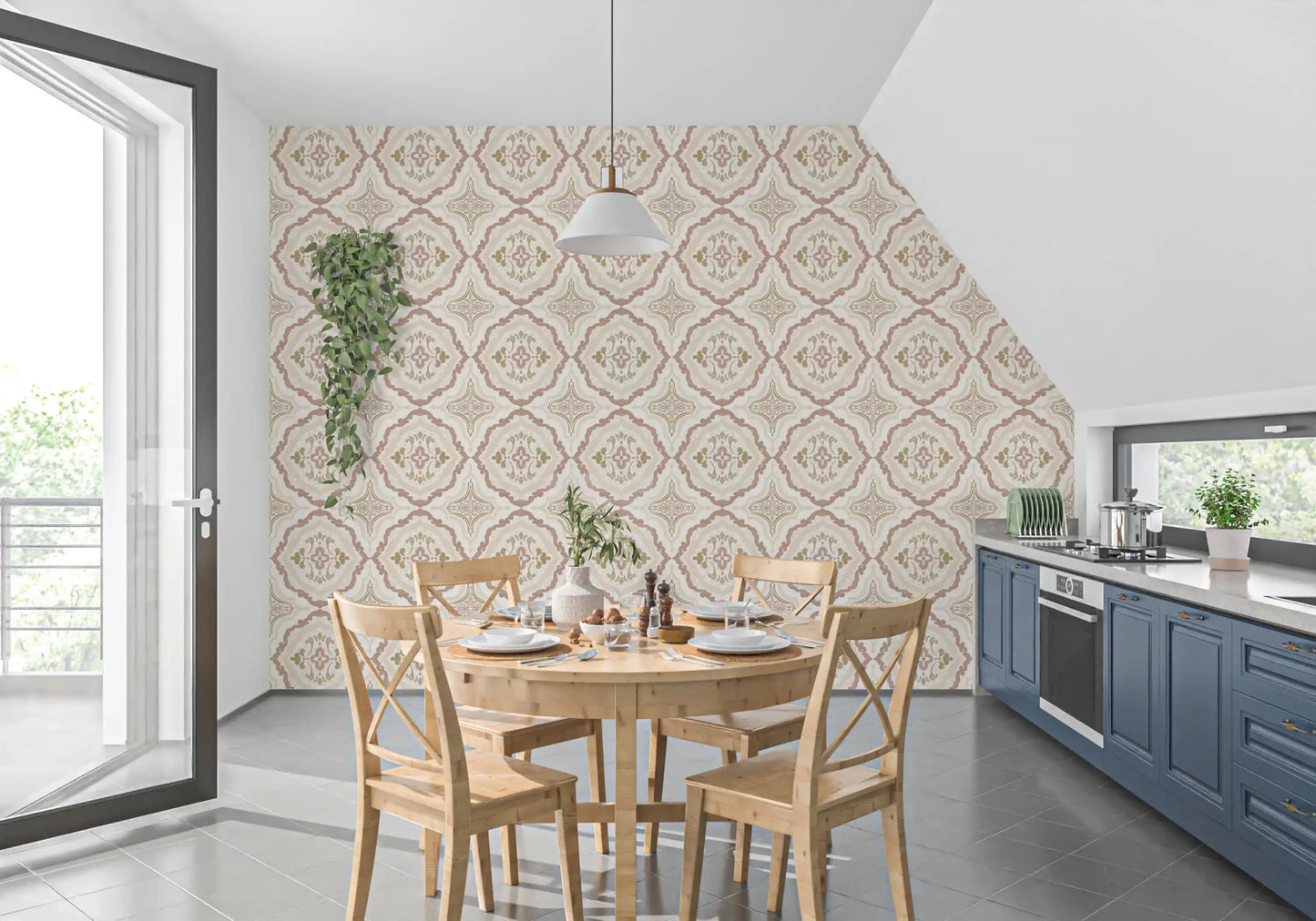 Soft sienna Mediterranean tile wallpaper for a modern dining space.