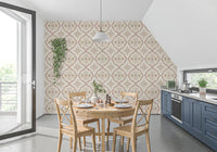 Soft sienna Mediterranean tile wallpaper for a modern dining space.
