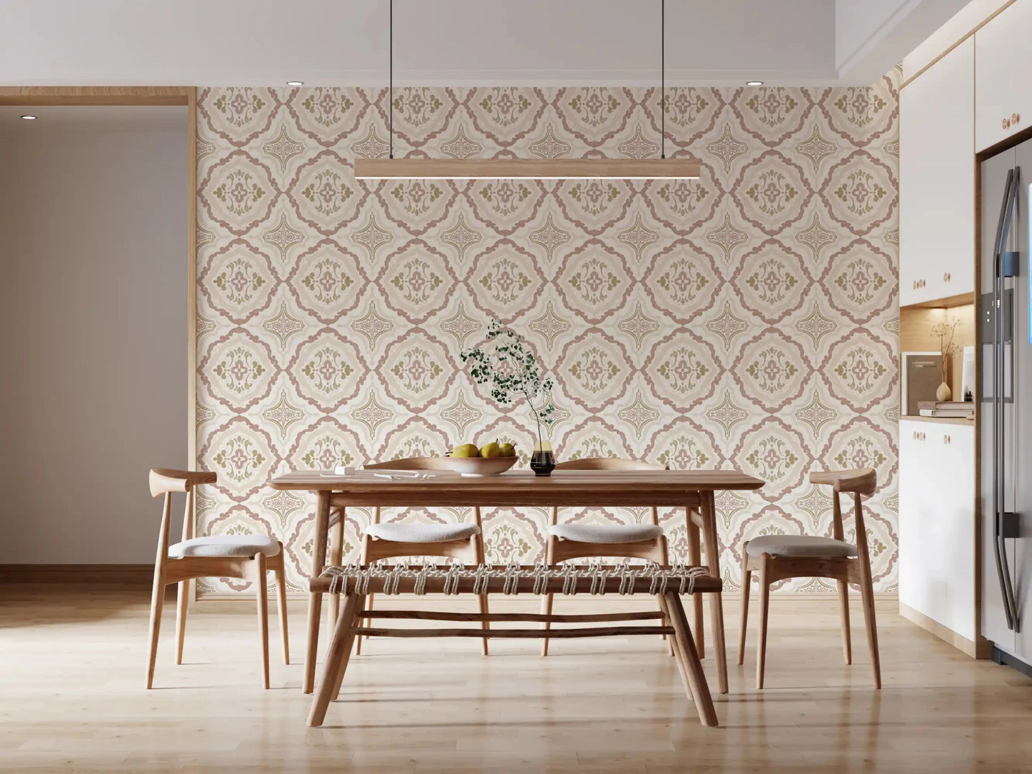 Neutral soft sienna Mediterranean tile wallpaper in an rooms.