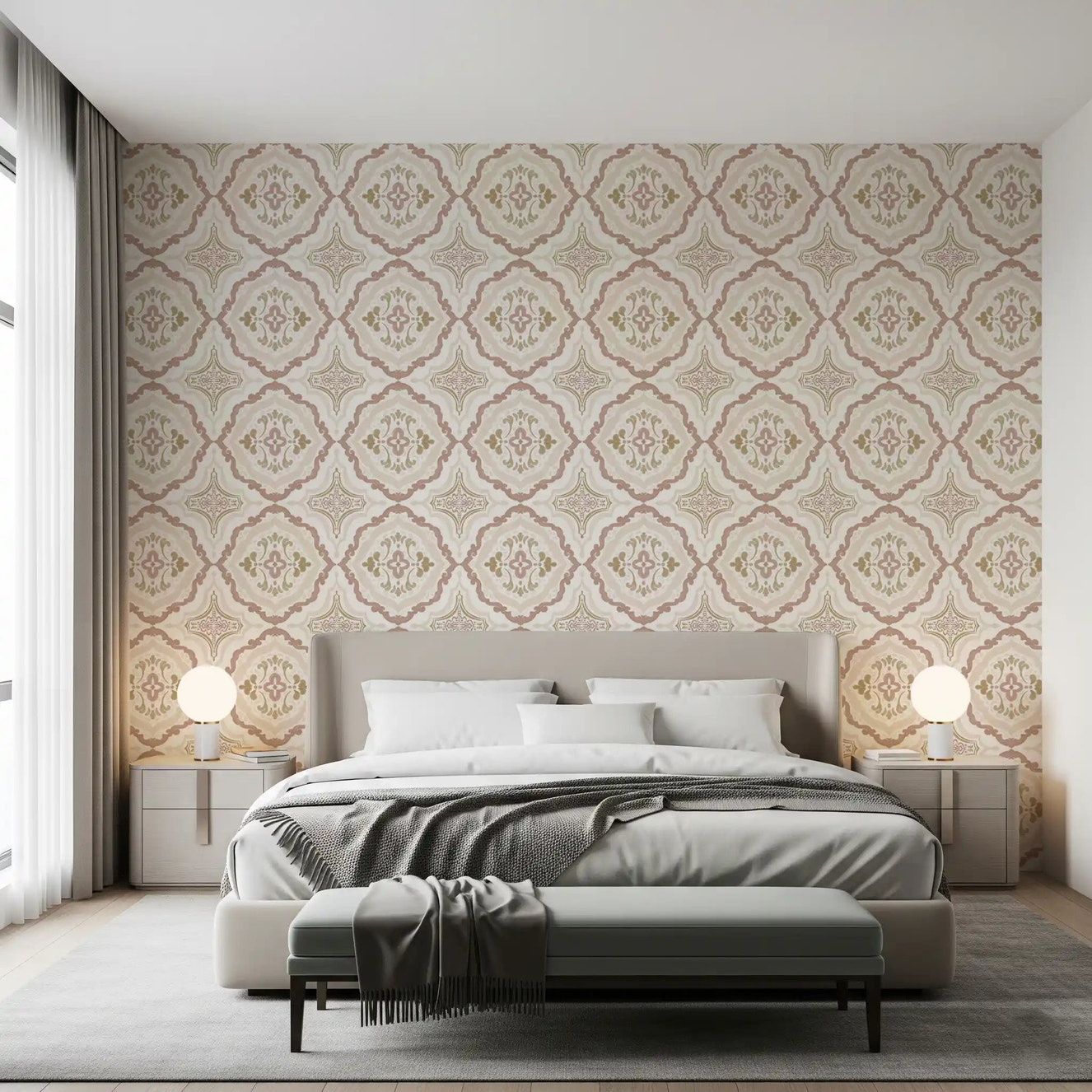Terracotta floral patterns for bedroom on a warm Mediterranean tile wallpaper.