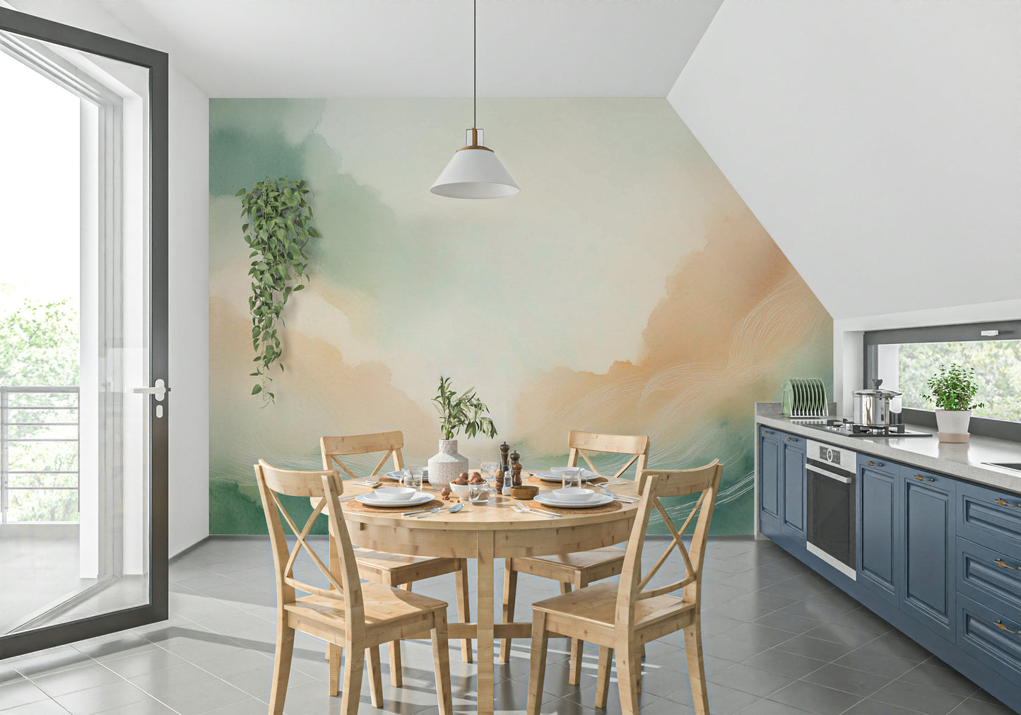 Guest bedroom featuring a light and airy cloud mural for modern home styling.