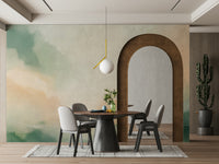 Nursery room with a gentle blue cloud mural for a peaceful living space feel.