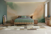 Large feature wall with a sky mural for a minimalist home styling aesthetic.