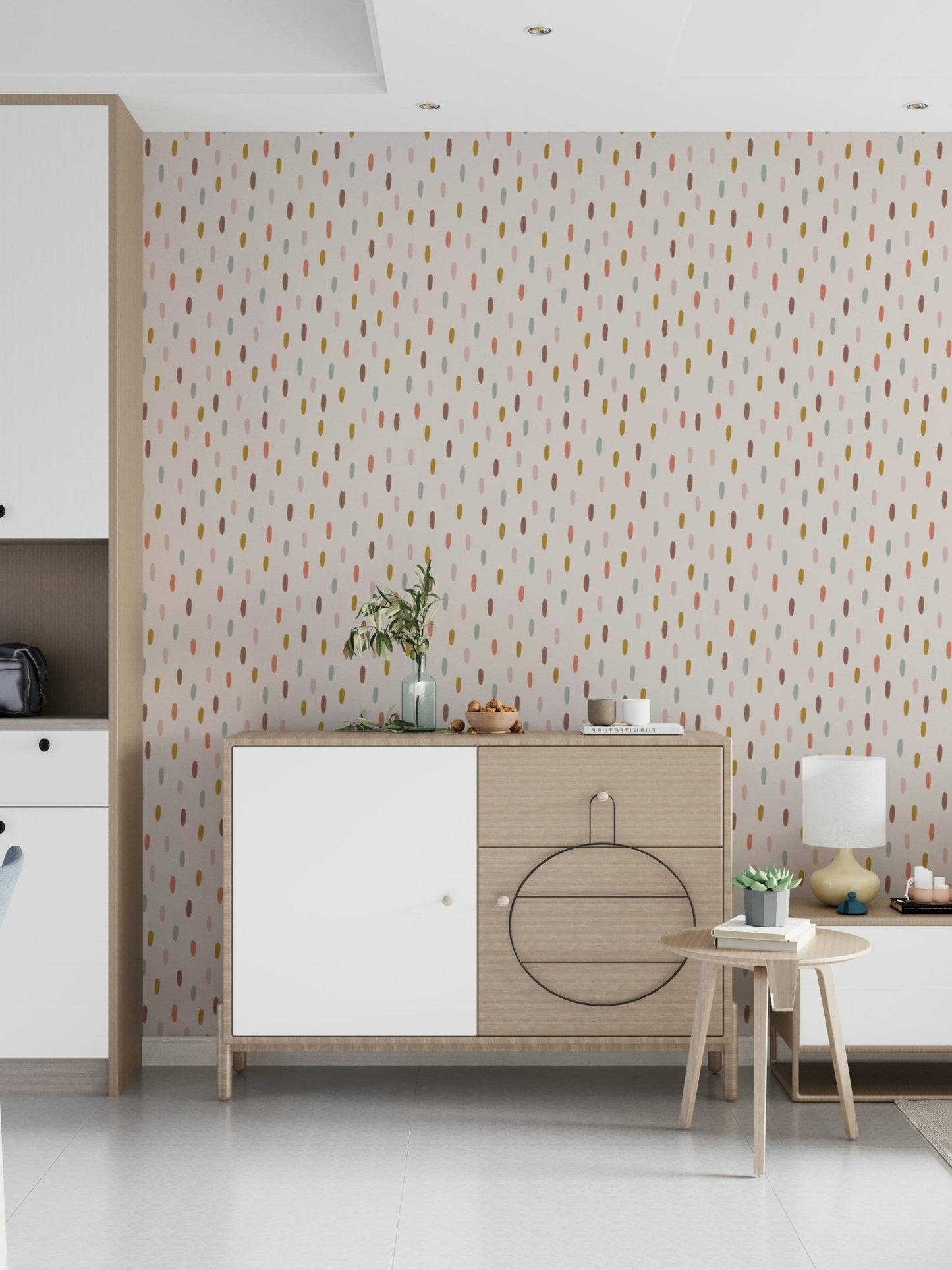 Abstract soft strokes wall mural creating a calm, airy ambiance.