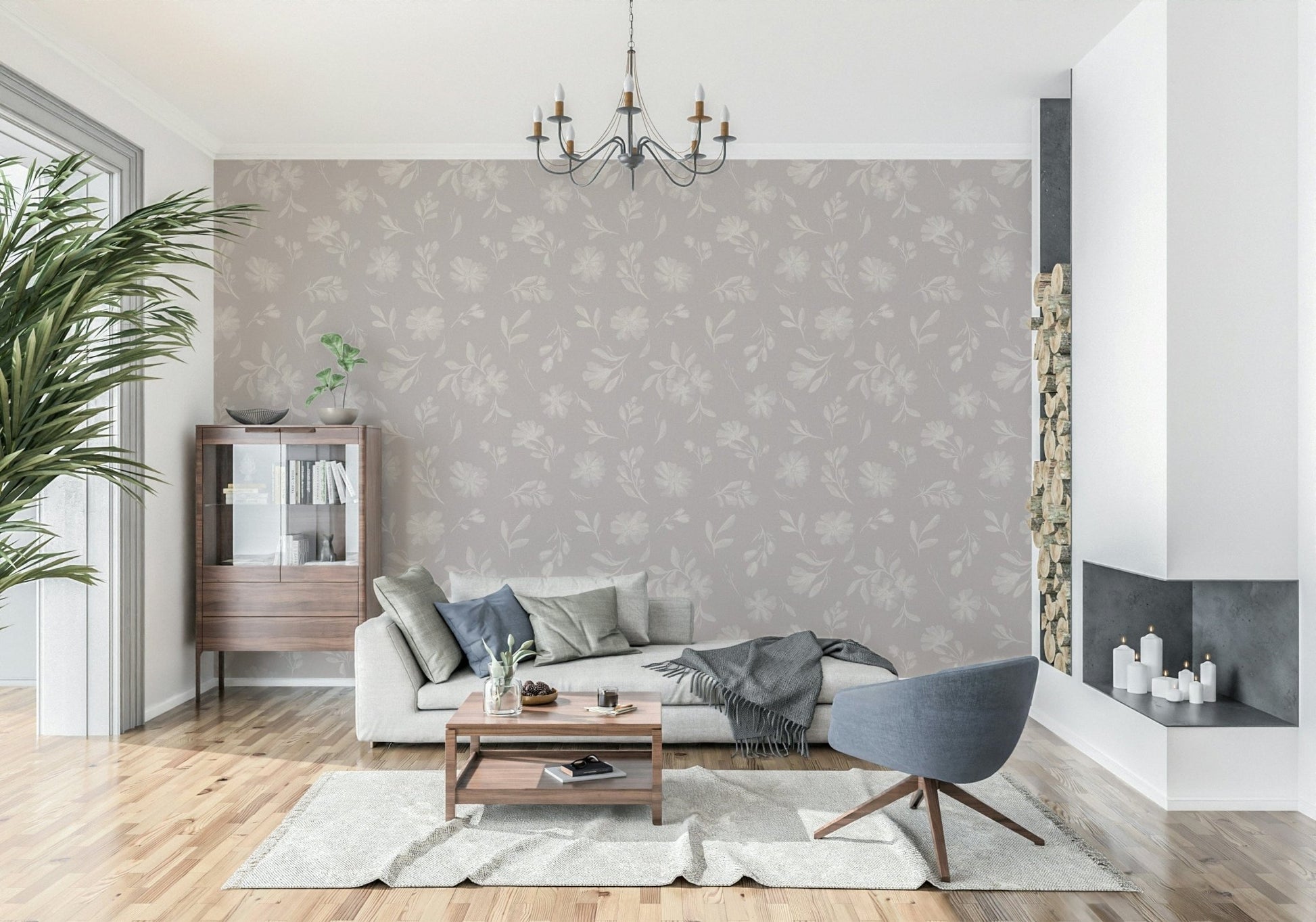 Soft Taupe Flora vintage wildflower peel and stick wallpaper
